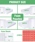 Image showing 540Pcs Dish Packing Supplies Moving Kit With 200 Cushion Foam Pouches in four sizes, 270 Foam Sheets, and 70 Fragile Stickers.