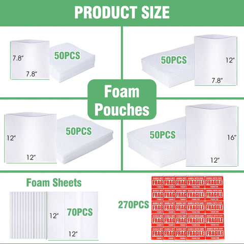 Image showing 540Pcs Dish Packing Supplies Moving Kit With 200 Cushion Foam Pouches in four sizes, 270 Foam Sheets, and 70 Fragile Stickers.