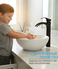 Child washing hands under Matte Black Bathroom Vessel Sink Faucet With Waterfall Spout Tall Single Hole Design Quiet Operation
