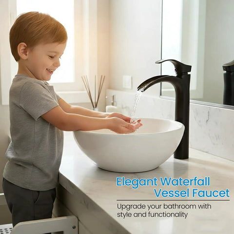 Child washing hands under Matte Black Bathroom Vessel Sink Faucet With Waterfall Spout Tall Single Hole Design Quiet Operation
