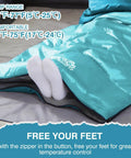 Person's feet in teal sleeping bag showing All Weather Sleeping Bag For Adults And Kids, Ultra Lightweight Waterproof Gear.