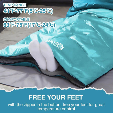 Person's feet in teal sleeping bag showing All Weather Sleeping Bag For Adults And Kids, Ultra Lightweight Waterproof Gear.