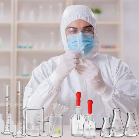 Scientist using 31 Piece Lab Glassware Set With Beakers Cylinders Erlenmeyer Flasks Dropper Bottles in a lab setting.