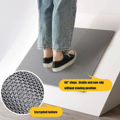 Hella Tough Non Slip Pvc Floor Mat, Cuttable Poolside Runner For Garage And Commercial Spaces, Super Water Draining Vinyl Rug With Killer Grip, Gray 3 By 35 Feet on an incline showing textured grip.