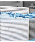 No Sweat Removable Aluminum Air Vent Grille Paired With A Slick Louvered Access Panel For Ceiling Drywall Install Delivering Solid Moisture Proof Airflow Management At 32X32 Inches Dimensions in white, against water backdrop.