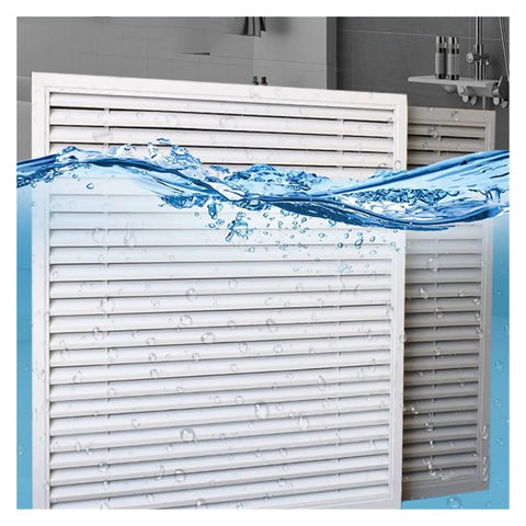 No Sweat Removable Aluminum Air Vent Grille Paired With A Slick Louvered Access Panel For Ceiling Drywall Install Delivering Solid Moisture Proof Airflow Management At 32X32 Inches Dimensions in white, against water backdrop.