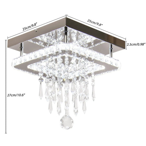 Square Crystal Chandelier LED Flush Mount Ceiling Light For Bedroom Dining Room Hallway And Bar Dope Modern Crystal Pendant Lamp With K9 Crystals Cool White Glow Elegant Living Room Fixture, 9.8 inches width view