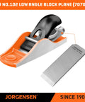 Premium O1 Tool Steel Replacement Blade For Low Angle Block Planer And Number 102 Wood Model displayed next to tool.
