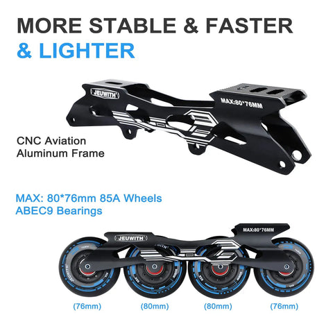 Unisex Inline Skates With CNC Aviation Aluminum Frame Built For Outdoor Street Skating And Fitness Training, showing frame and wheels.