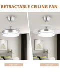Sleek Retractable Ceiling Fan With Dimmable LED Lights And Remote, showing fan off and on, brushed nickel trim and acrylic blades.