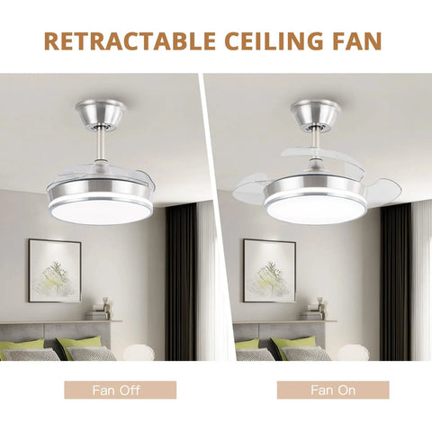 Sleek Retractable Ceiling Fan With Dimmable LED Lights And Remote, showing fan off and on, brushed nickel trim and acrylic blades.