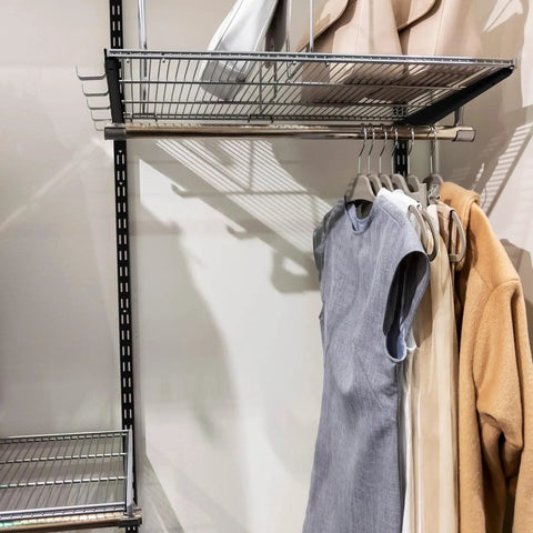 Black Twin Rail Wall Shelving System With Adjustable Twenty Five Inch Shelves And Eleven Point Five Inch Brackets Heavy Duty No Fuss DIY Ready Storage Rack For Kitchen Closet And Home Indoor Includes Rails Brackets And Screws Easy Install shown installed with clothing and accessories.