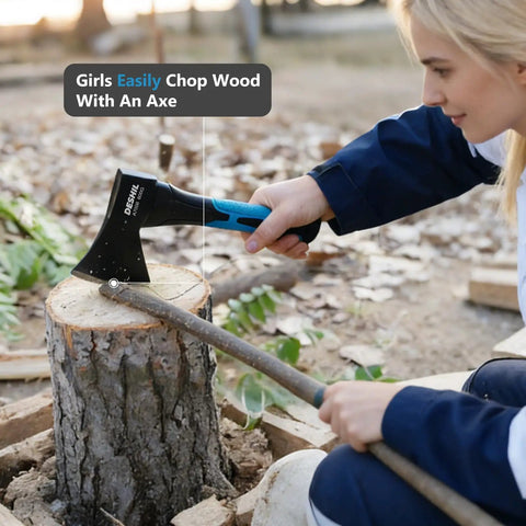 Woman using Rugged Workhorse 10 Inch Outdoor Hatchet for camping, forged carbon steel, blue non-slip grip, chopping wood