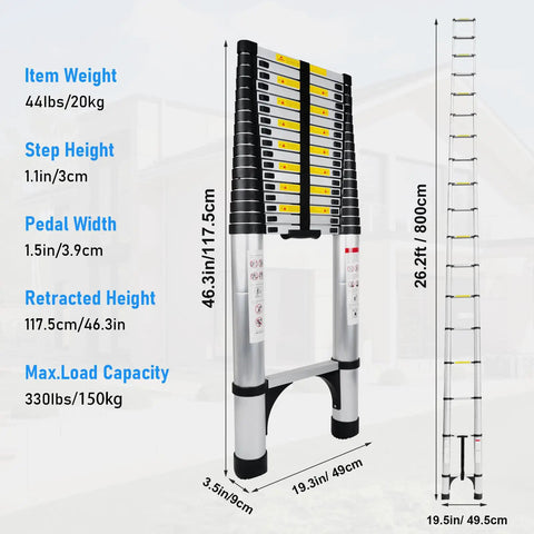 26.2Ft Telescoping Aluminum Ladder For Indoor And Outdoor Jobs, Lightweight Yet Sturdy Extension Ladder, Easy Fold Design, Non Slip Feet, Wider Pedals, Stable Safety Build For High Reach Projects And DIY Boss Level, folded and extended view