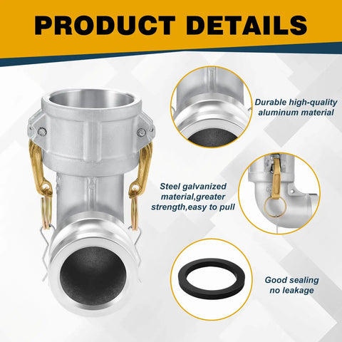 Aluminum Cam and Groove Hose Fitting 2 Inch Female to 2 Inch Male 90 Degree Elbow Camlock with gasket and durable build.