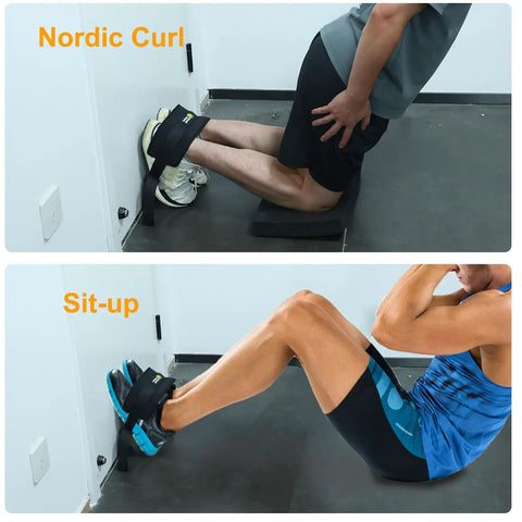 Man using Nordic Hamstring Curl Strap With Adjustable Length And Oversized Foam Stopper for home workouts, Nordic curl and sit-up exercises.
