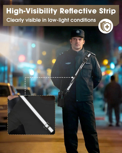 Security guard wearing Rugged Radio Holster Set With Adjustable Wide Reflective Strap Metal Clips And Movable Mic Holder