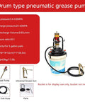Heavy Duty Pneumatic Grease Gun Featuring 50 To 1 Pressure Rock Solid Frame And Slick Ergonomic Handle Delivers Kick Ass Output For Pros And Weekend Warriors Includes Thirteen Foot Hose with 5-gallon capacity.