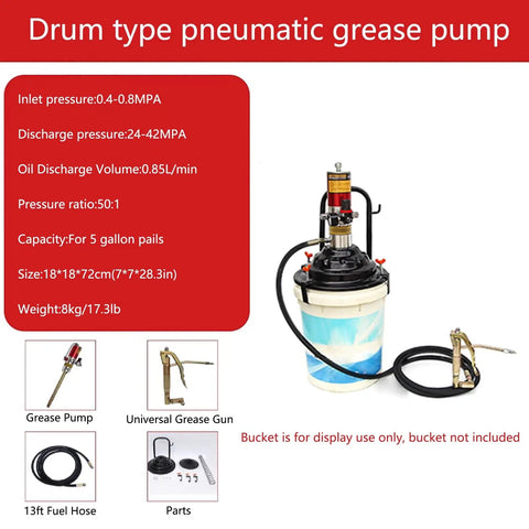Heavy Duty Pneumatic Grease Gun Featuring 50 To 1 Pressure Rock Solid Frame And Slick Ergonomic Handle Delivers Kick Ass Output For Pros And Weekend Warriors Includes Thirteen Foot Hose with 5-gallon capacity.