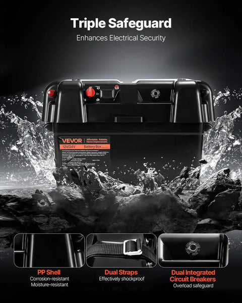 Hella Tough Group 24 27 Battery Box With Badass Double Strap Lockdown For 12V 24V Agm Lithium Marine Trolling Motor Rv Camper Solar Power Systems displaying dual straps and circuit breakers.