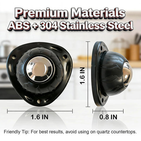 Black Stainless Steel Self Adhesive Caster Wheels 4 Pack Large Profile Swivel Ball Casters with dimensions and materials shown