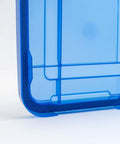 Close-up of a blue 60-Quart Clear Airtight Storage Tote with Secure Latching Lid and stackable design.