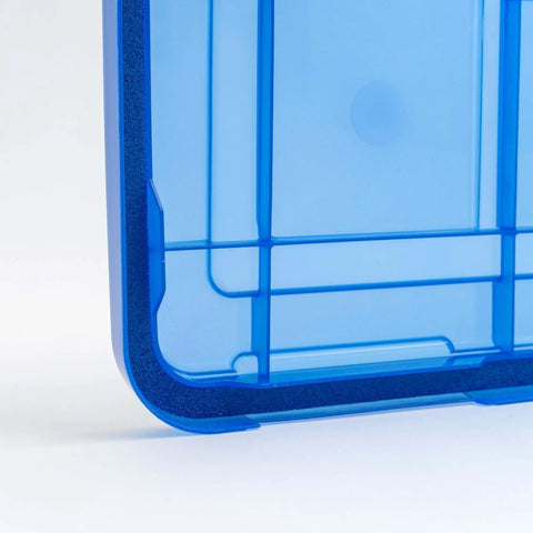 Close-up of a blue 60-Quart Clear Airtight Storage Tote with Secure Latching Lid and stackable design.