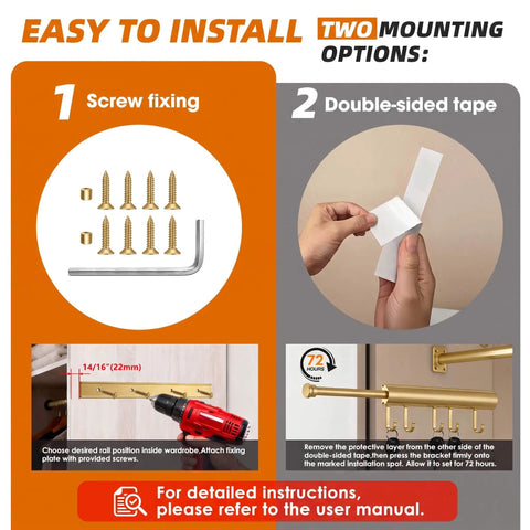 Installation instructions for Knockout Twelve Inch Retractable Closet Pull Out Rod featuring screw fixing and double-sided tape options.
