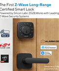 Top Shelf Z Wave Deadbolt Smart Lock, black finish, smart access keypad, installed on wooden door for home automation.