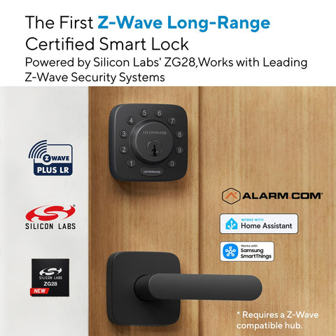 Top Shelf Z Wave Deadbolt Smart Lock, black finish, smart access keypad, installed on wooden door for home automation.
