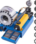 No Sweat Heavy Duty Handheld Hydraulic Hose Crimper With 7 Dies Set For One Inch R1 R2 Steel Wire Piping Portable Tube Press close-up view.