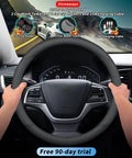 Roll Smooth Premium Leather Steering Wheel Cover Custom Fit For GMC Models Featuring Dope Red Blue Contrast Stitching Tight Non Slip Grip Breathable Comfort Includes Free Gear, showing a hand gripping the cover.