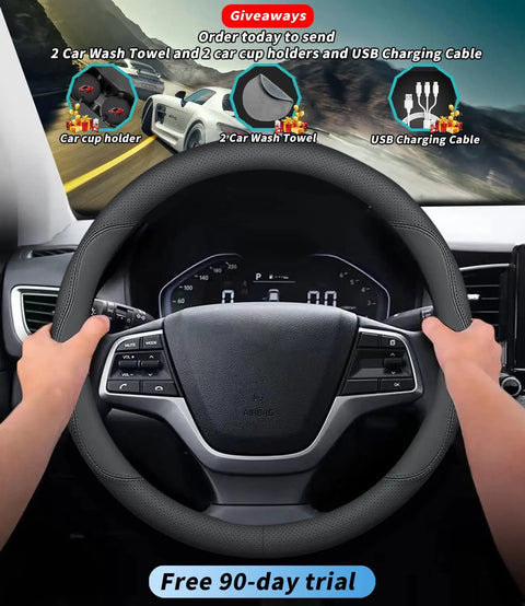 Roll Smooth Premium Leather Steering Wheel Cover Custom Fit For GMC Models Featuring Dope Red Blue Contrast Stitching Tight Non Slip Grip Breathable Comfort Includes Free Gear, showing a hand gripping the cover.