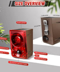Diagram of Solar Powered Wireless Outdoor Motion Sensor Alarm with 130dB Siren and Strobe Light, labeled parts and dimensions.