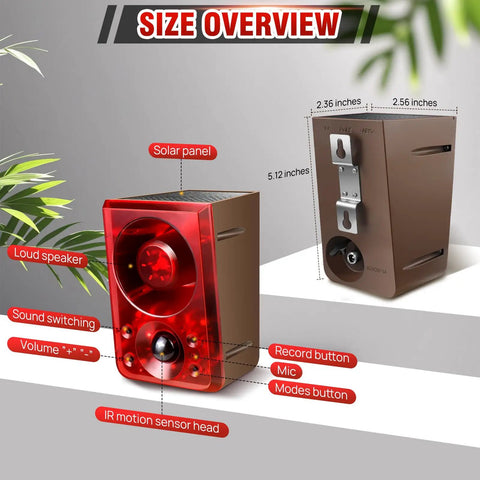 Diagram of Solar Powered Wireless Outdoor Motion Sensor Alarm with 130dB Siren and Strobe Light, labeled parts and dimensions.