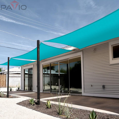 Turquoise 11 By 11 Sun Shade Sail Waterproof Rectangle Canopy for Patio Outdoor Cover UV Block Tarp Cloth covering an outdoor patio