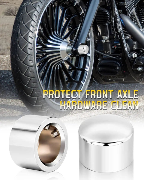 Chrome Front Axle Nut Covers For Harley Davidson Touring Softail Dyna VRSC Sportster And XL Models, front wheel view and caps close-up.