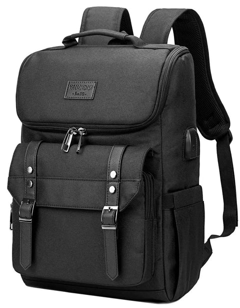 Front view of Vintage Laptop Backpack With USB Charging Port For Men And Women, Durable College Daypack in black
