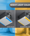 Dual Speed Bathroom Exhaust Fan With Dimmable LED Light And Humidity Sensor showing cool blue and soothing amber colors