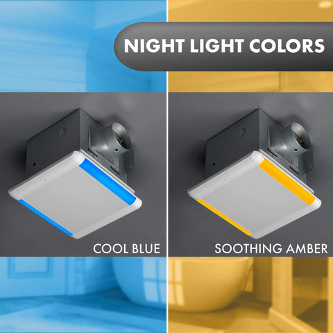 Dual Speed Bathroom Exhaust Fan With Dimmable LED Light And Humidity Sensor showing cool blue and soothing amber colors
