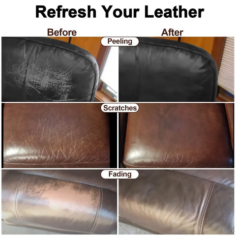 Before and after using Leather Recoloring Balm And Restorer Kit For Sofa Car Seats Vinyl Furniture And Shoes showing rejuvenated leather surfaces.