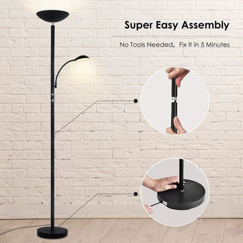 Dimmable LED Floor Lamp With 20W Main Light And 5W Reading Lamp 2500 Lumens Of Warm 3000K Glow For A Room Filling Crisp Bright Homey Vibe Three Way Switch Tall Modern Standing Lamp For Living Room Bedroom And Office assembly instructions