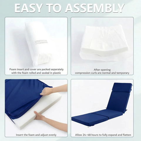 Instructions for assembling 72 x 21 Inch Outdoor Chaise Lounge Cushions Set of 2 With Removable Covers showing foam insert and cover adjustment.
