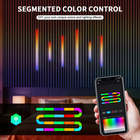 12PCS RGB+IC Led Recessed Lighting Kit Wall Panel Lights with smart color control displayed in a stylish bedroom setting.