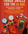 Book cover: Trade Skills for the AI Age, orange background with HVAC gauges, wrench, pliers, and a multimeter