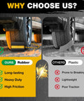 Comparison of rubber wheel chock vs plastic chock; Rugged Built Tough Rubber Wheel Chocks 4 Pack With Rope And Reflective Strips For RVs Trailers Trucks Cars And Aircraft Solid Block Stopper With All Terrain Grip And Durable Non Cracking Construction In Bright Yellow on left; plastic chock prone to breaking on right