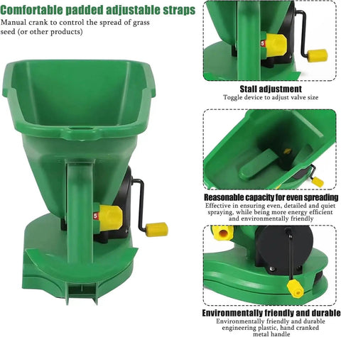 Adjustable Hand Crank Seed Spreader with Easy Flow Toggle Valve and Green Hopper for Precise Lawn and Garden Care