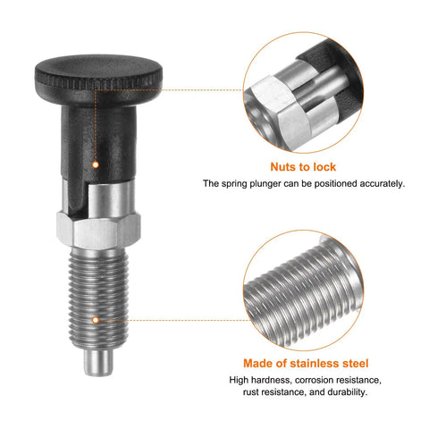 Kickass Stainless Steel Push Fit Ball Nose Spring Plunger M10x1 Thread With Slick 5mm Pin Diameter And Relentless Self Locking Design showing top and threaded details.