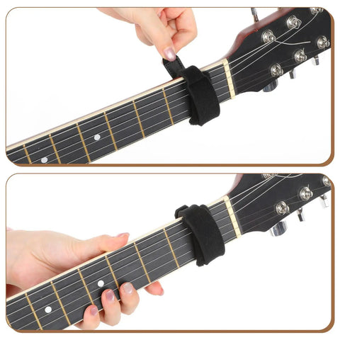 Person adjusting 2 Pack Guitar String Dampener Set With Fret Mutes And Bass Muffler Silencer Damper on guitar neck