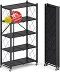 Heavy Duty 5-Tier Rolling Storage Shelves With Wheels, Portable And Collapsible Wire Steel Organizer For Garage, Kitchen, Pantry And Closet, Matte Black, Quick 5-Second Setup, Durable Display Unit For Instant Organization. folded side view